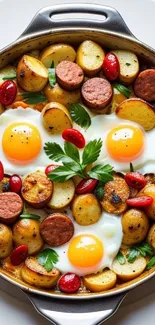 Colorful breakfast skillet with eggs, sausage, and vegetables.