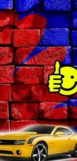 Vibrant wallpaper with a car, emoji, red and blue bricks.