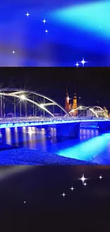 Brightly illuminated bridge with blue lights and stars over a calm river.