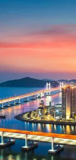 Vibrant cityscape with bridge at sunset.