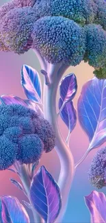 Colorful broccoli art with iridescent hues on wallpaper.