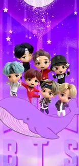 Vibrant BTS chibi characters with purple whale and background.