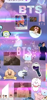 Vibrant BTS collage wallpaper with colorful characters and artistic design.