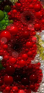 Vibrant bubble art with red, green, and white spheres forming abstract pattern.