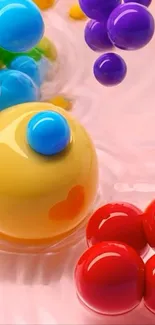 Vibrant and colorful abstract bubble art wallpaper with glossy spheres.