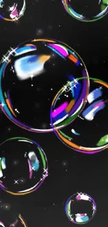 Vibrant bubbles with colorful reflections on a dark background wallpaper.