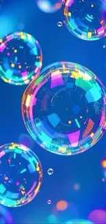 Vibrant digital art with floating bubbles on blue background.