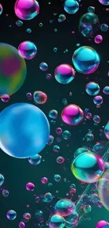 Colorful bubbles with vibrant reflections against a dark backdrop.