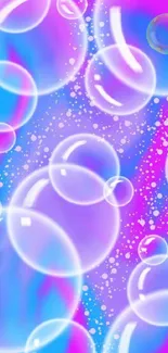 Vibrant iridescent bubbles on a purple and blue background.