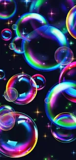 Vibrant colorful bubbles with sparkling stars on a dark background.