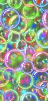 Colorful glowing bubbles on phone wallpaper.