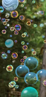 Vibrant bubbles float in a green forest.