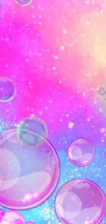 Vibrant phone wallpaper with pink bubbles on a cosmic background.