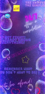 Colorful neon wallpaper with motivational quotes and floating bubbles.