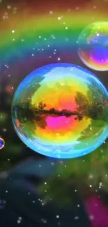 Colorful bubbles reflecting a vibrant rainbow in nature.