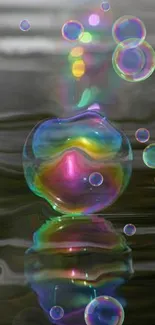 Vibrant bubble reflects rainbow colors on calm water surface.