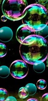 Colorful bubbles floating on dark green background.