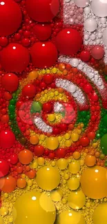 Vibrant mobile wallpaper with a red, yellow, and green bubble spiral design.