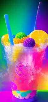 Vibrant bubble tea wallpaper with vivid colors and fruits.