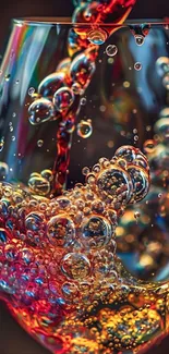 Colorful bubbles filling a wine glass dramatically.