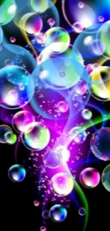 Vibrant mobile wallpaper with colorful bubbles and black background.