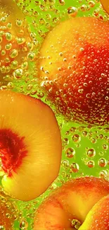 Close-up of peaches in bubbly water with vibrant colors.