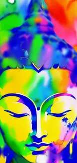 Colorful abstract Buddha face in vibrant hues.