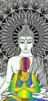 Buddha meditation art with colorful mandala background depicting tranquility.