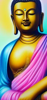 Colorful Buddha meditation wallpaper with pink and vibrant hues.