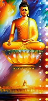 Vibrant Buddha image with colorful background depicting meditation.