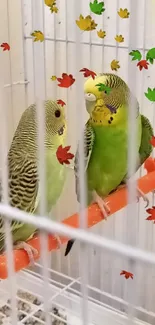 Two vibrant green and yellow budgerigars perched in a white cage.