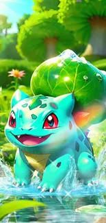 Bulbasaur enjoying nature with lush green surroundings.