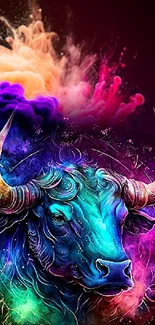 Vibrant digital bull art with colorful plumes, ideal for phone wallpaper.
