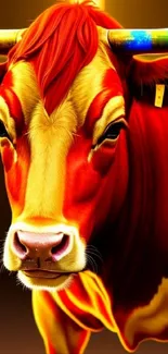 Vibrant red-orange bull mobile wallpaper with warm, colorful background.