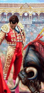 Vibrant bullfighter artwork with matador in red attire in arena.