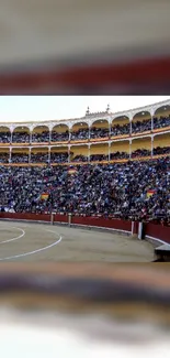 Crowded bullring arena filled with spectators, capturing cultural excitement.