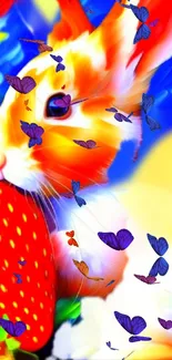 Colorful bunny with butterflies and strawberry wallpaper.