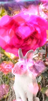 Bunny with vibrant pink rose in dreamy garden setting.