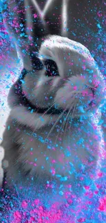 Colorful rabbit with pink and blue paint splashes.