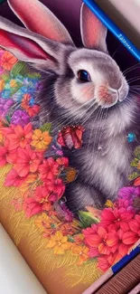 Vibrant bunny with colorful floral arrangement wallpaper.