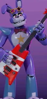 Purple bunny with guitar on vibrant wallpaper.