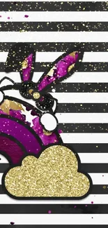 Vibrant wallpaper with bunny, rainbow, gold glitter, and stripes.