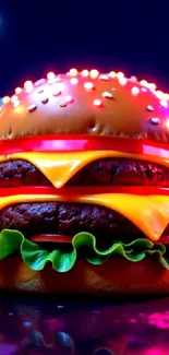 Vivid burger artwork with neon glow in dark background.