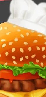 Vibrant digital illustration of a burger with sesame bun, lettuce, and cheese.