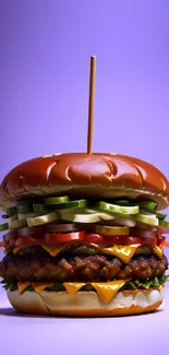 Vivid burger layered on purple background, perfect for phone wallpaper.