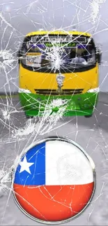 Yellow bus with Chilean flag and cracked glass effect.