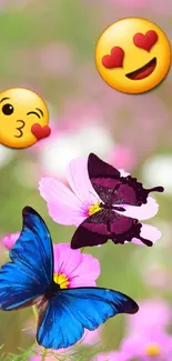 Colorful mobile wallpaper with butterflies, emojis, and flowers on a pink background.