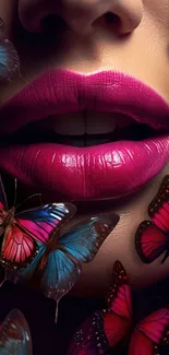 Vibrant pink lips with colorful butterflies in artistic wallpaper.