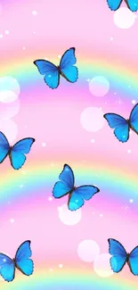 Blue butterflies on a pink rainbow background wallpaper.