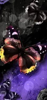 Vibrant butterflies and roses on a dark purple background.